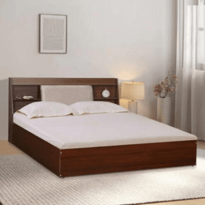 Treow Queen size Bed in Planked Walnut Finish with Box Storage & Upholstered Headboard Storage