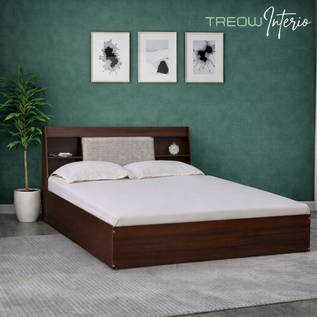 Treow Queen size Bed in Planked Walnut Finish with Box Storage & Upholstered Headboard Storage
